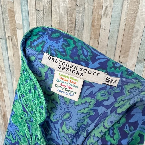Gretchen Scott XS Embroidered Tunic Dress Mini Shift Blue Green Paisley Printed - Picture 7 of 8